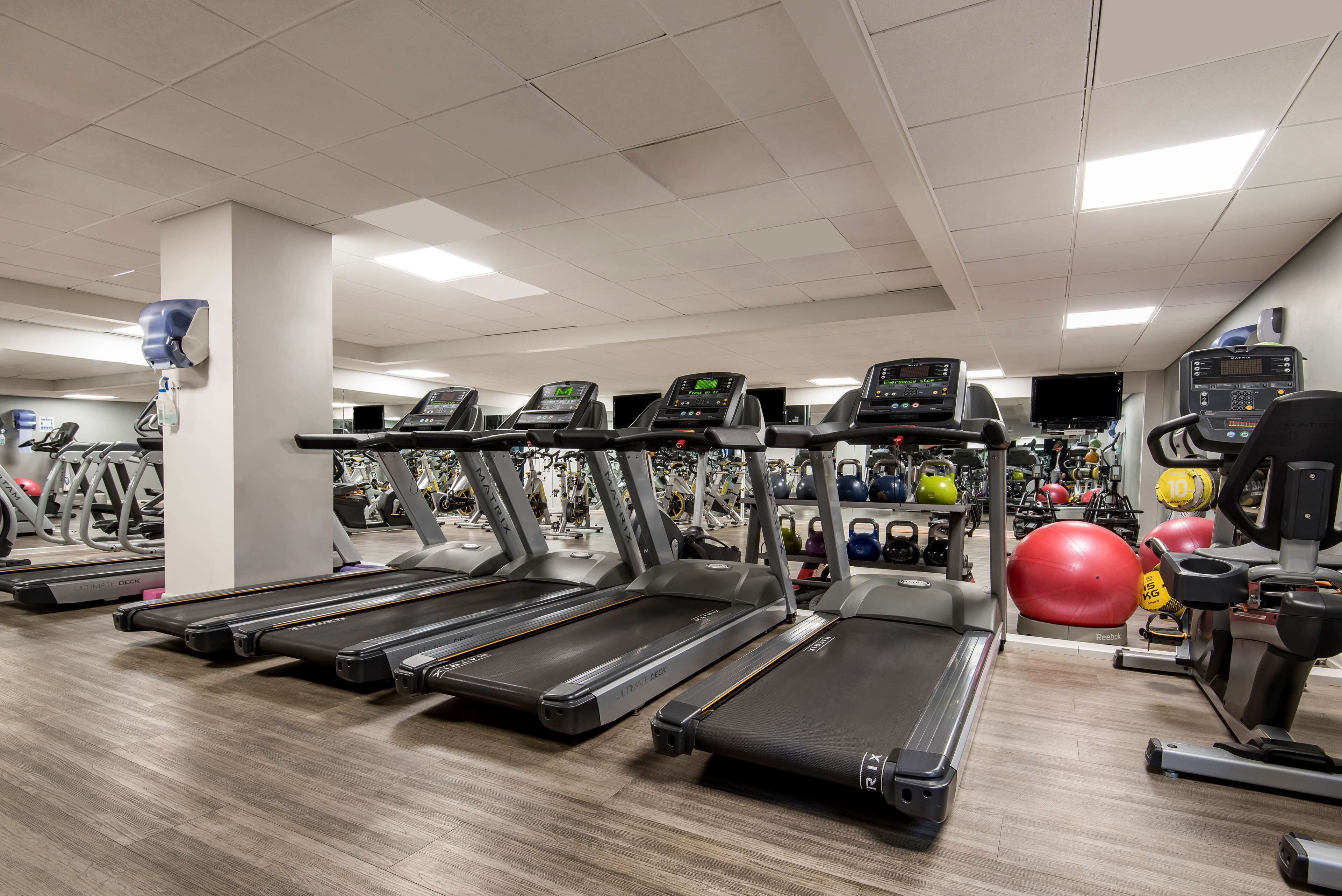 Un gimnasio con cintas de correr, pelotas de ejercicio y diverso equipamiento de fitness.