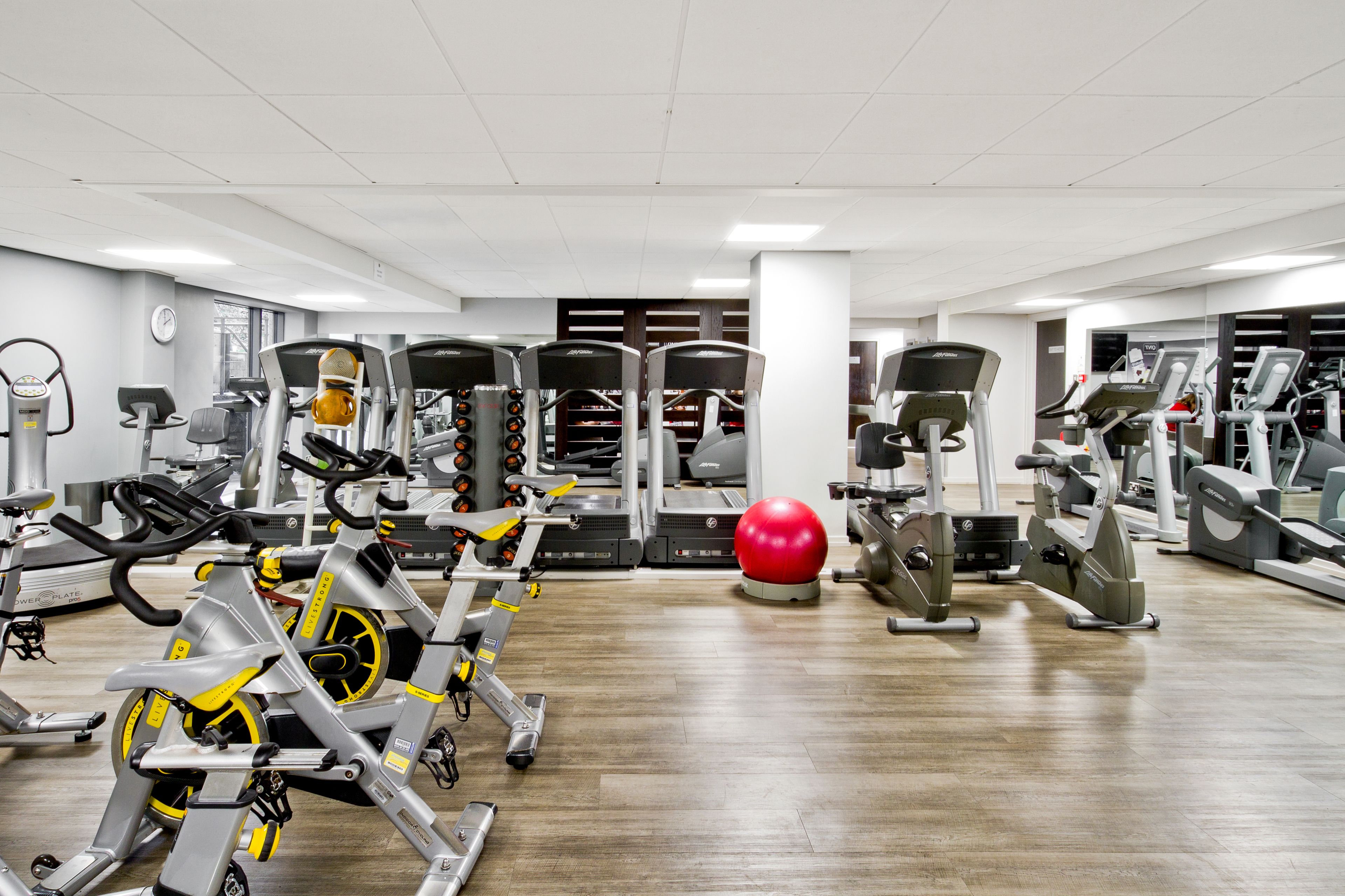 A gym with various exercise equipment, including treadmills, stationary bikes, and weight machines.