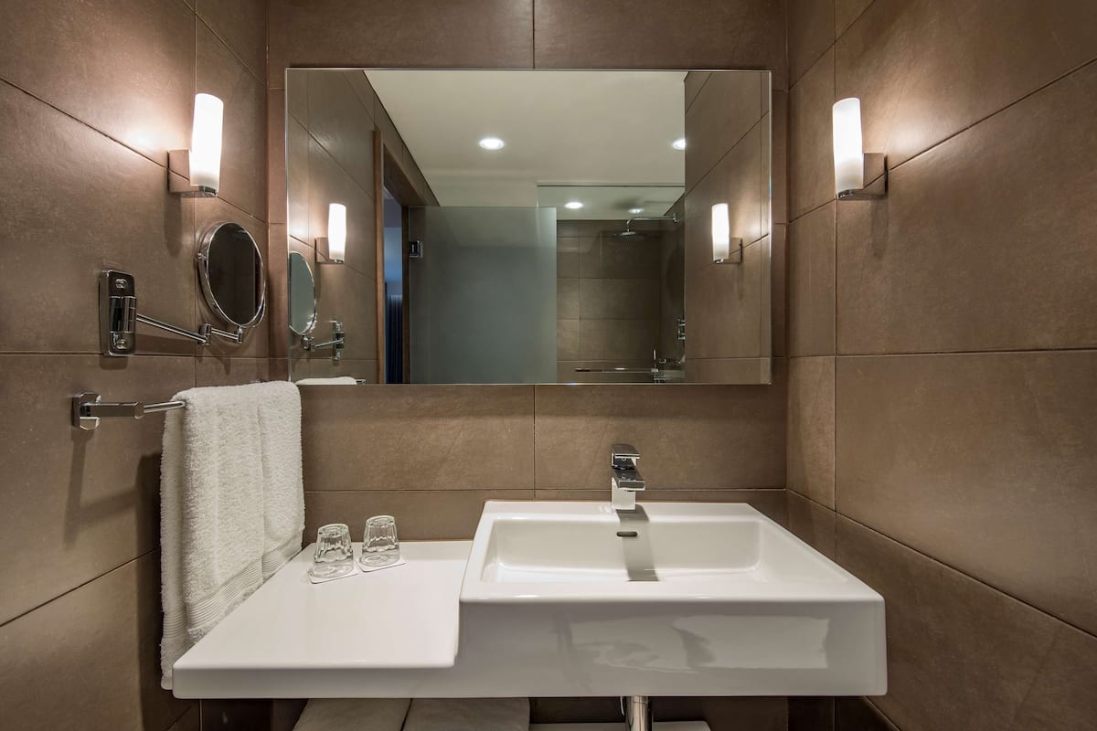 combined shower/bathtub, designer toiletries, hair dryer, towels