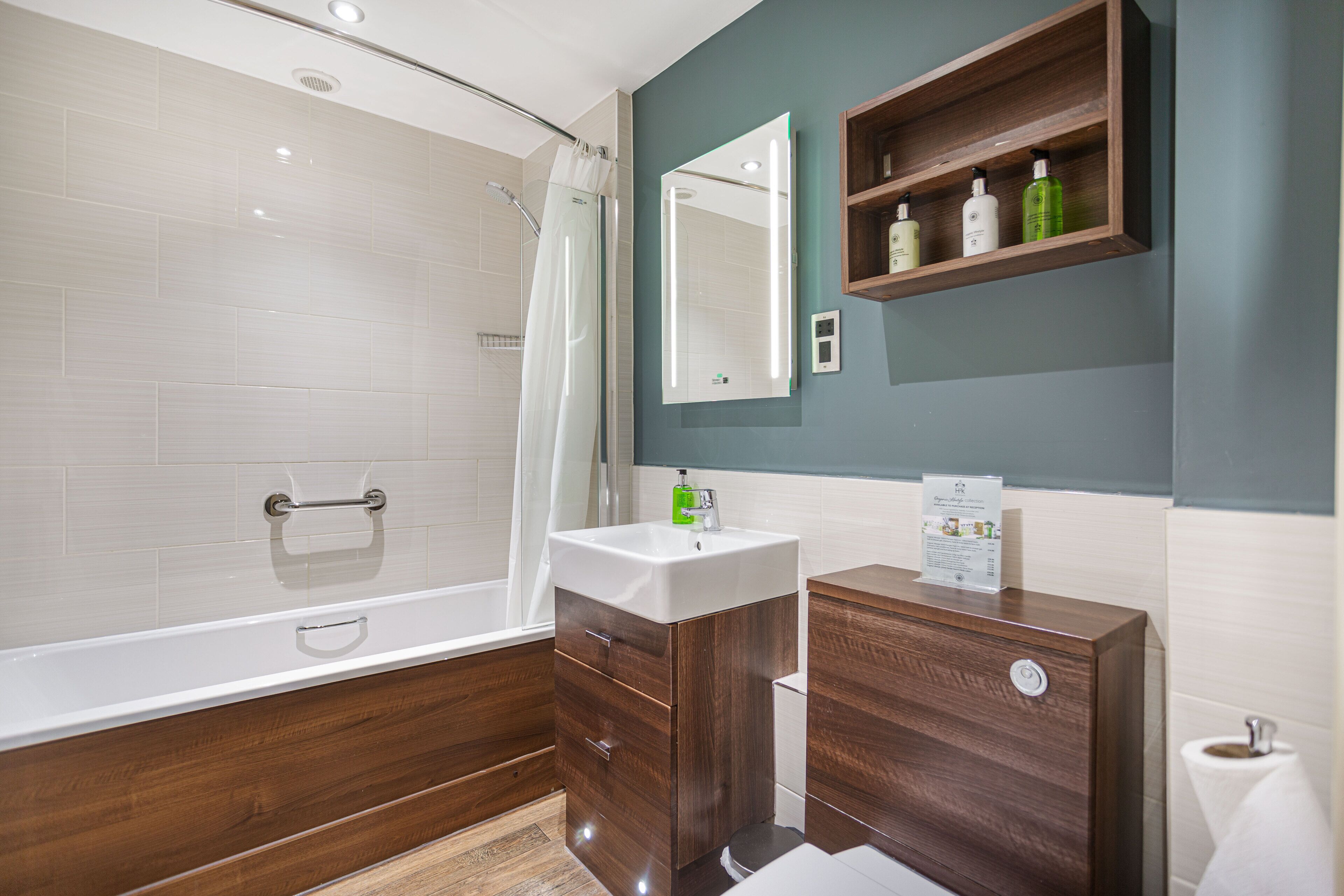 A modern bathroom with a shower, vanity, and mirror.