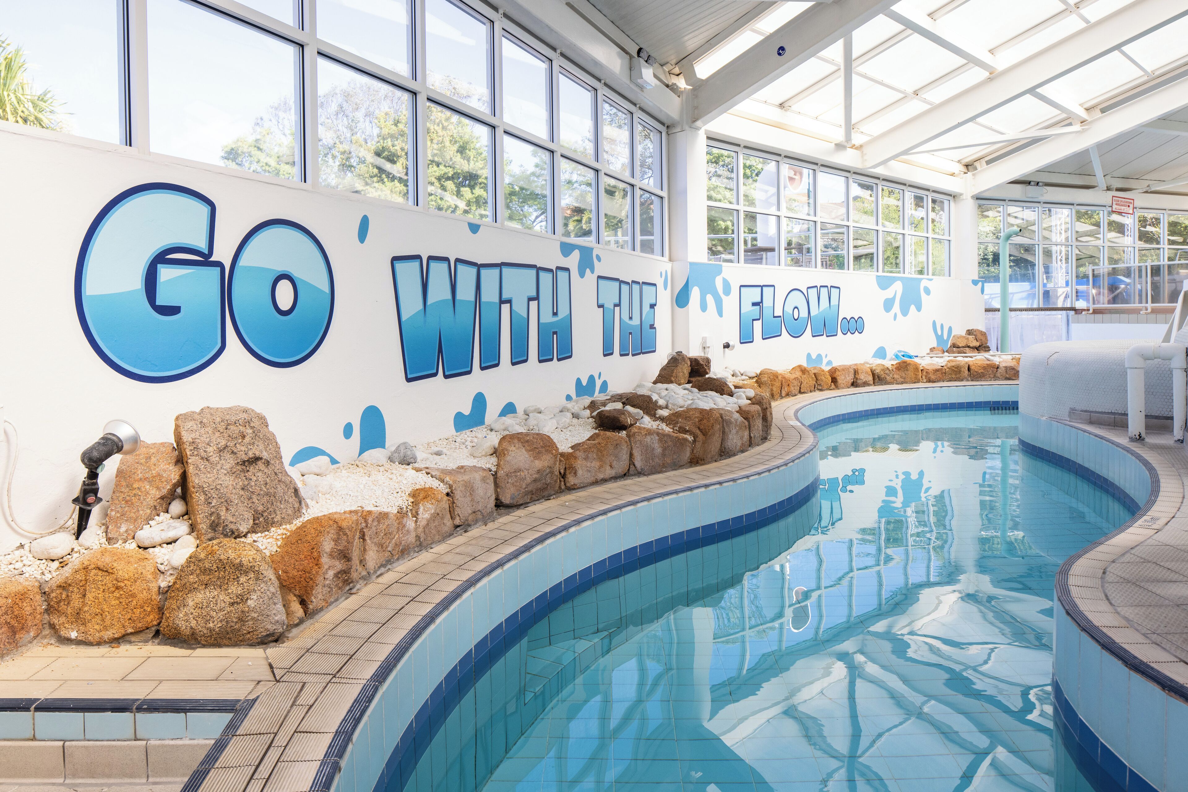 indoor pool, seasonal outdoor pool, pool loungers