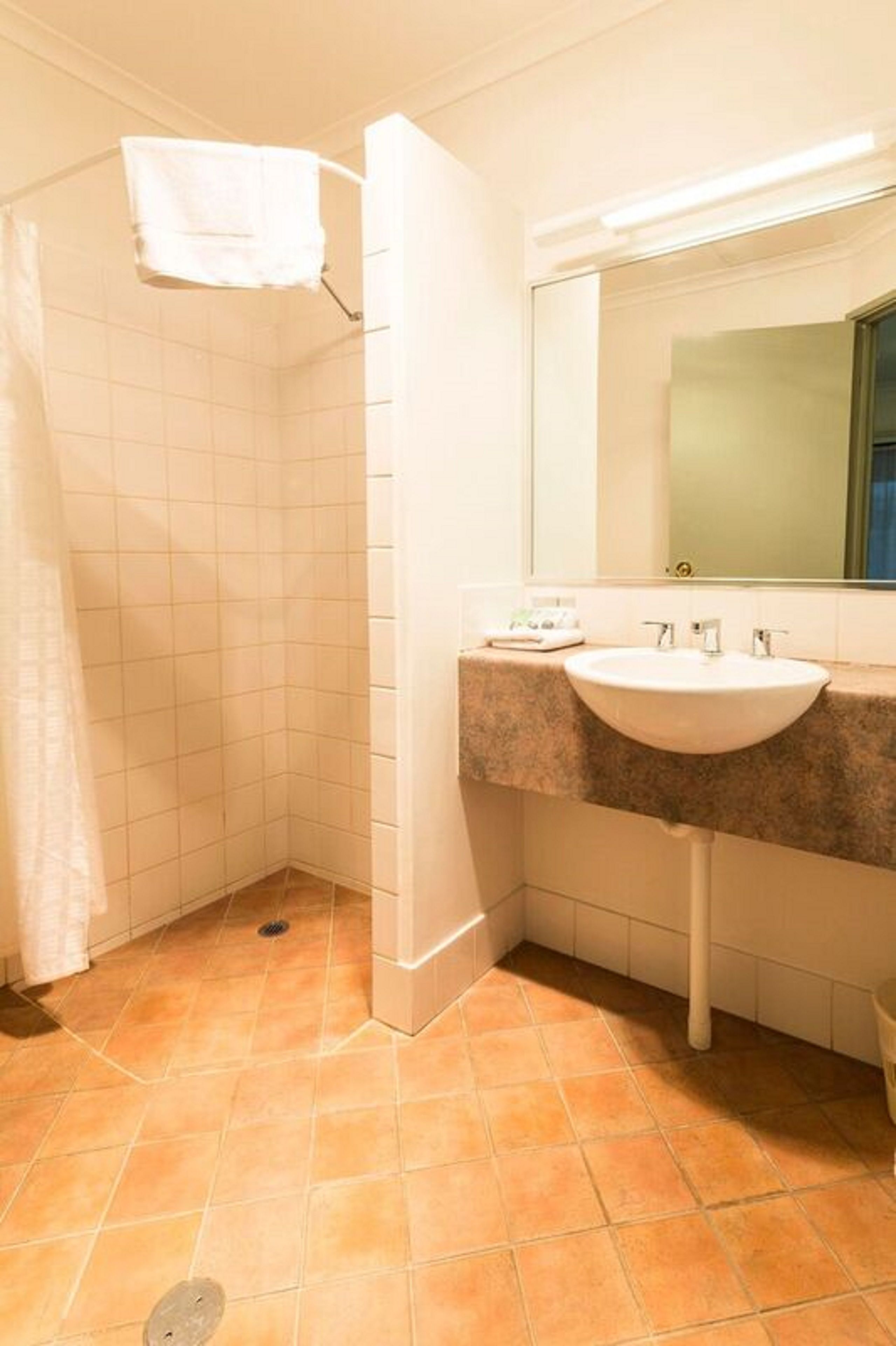 A bathroom with a shower, a sink, and a mirror.