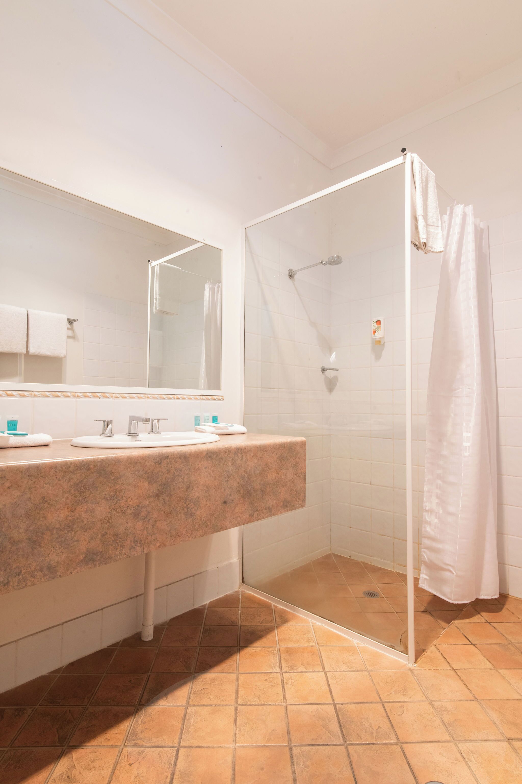 A bathroom with a shower, a sink with a mirror, and toiletries on the counter.