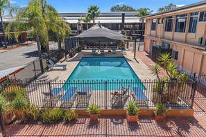 Outdoor pool, open 7 AM to 9 PM, sun loungers