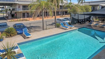 Outdoor pool, open 7 AM to 9 PM, sun loungers