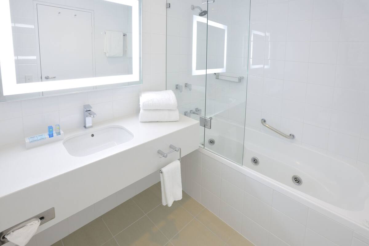 deluxe room, 1 king bed | bathroom | eco-friendly toiletries, hair dryer, towels, soap