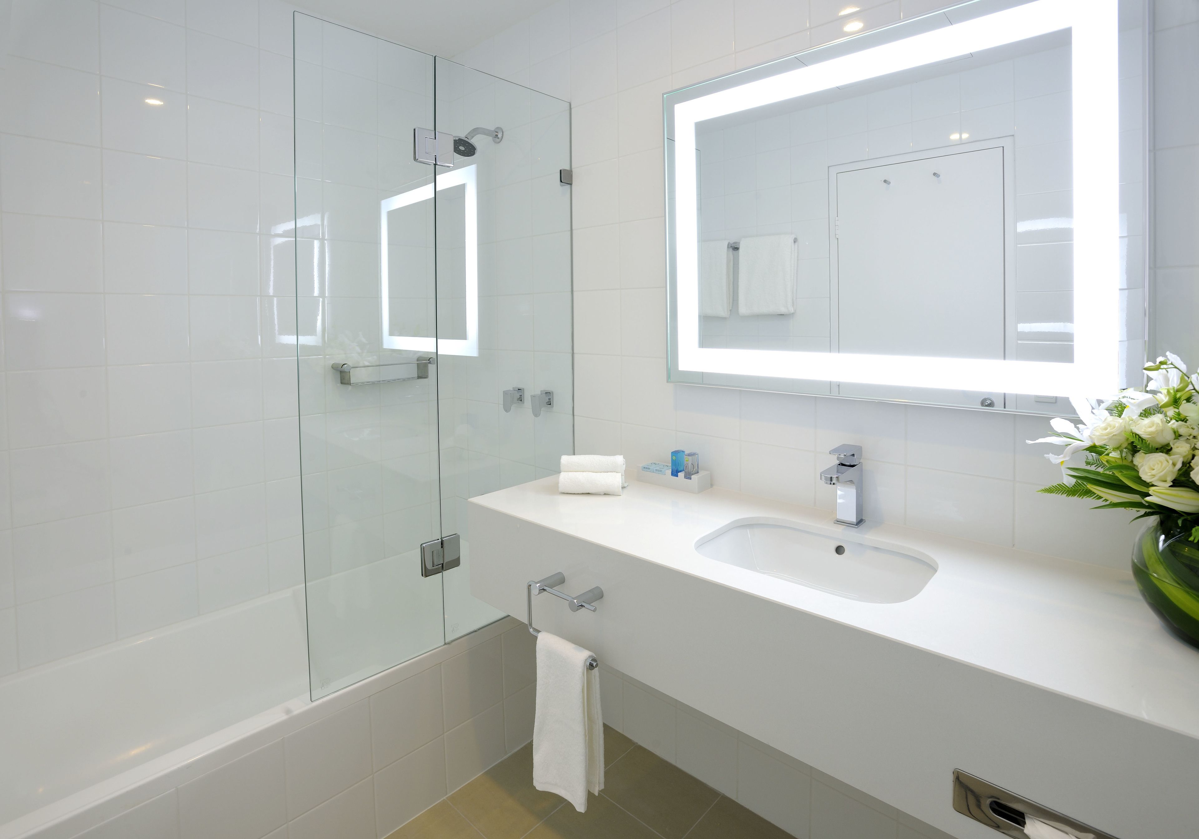 eco-friendly toiletries, hair dryer, towels, soap