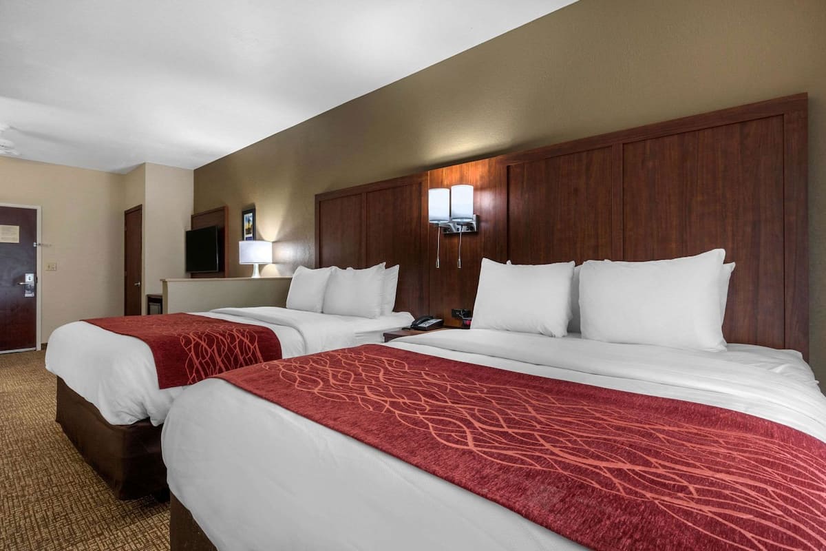 A hotel room with two beds, a TV, a lamp, and a wooden headboard.