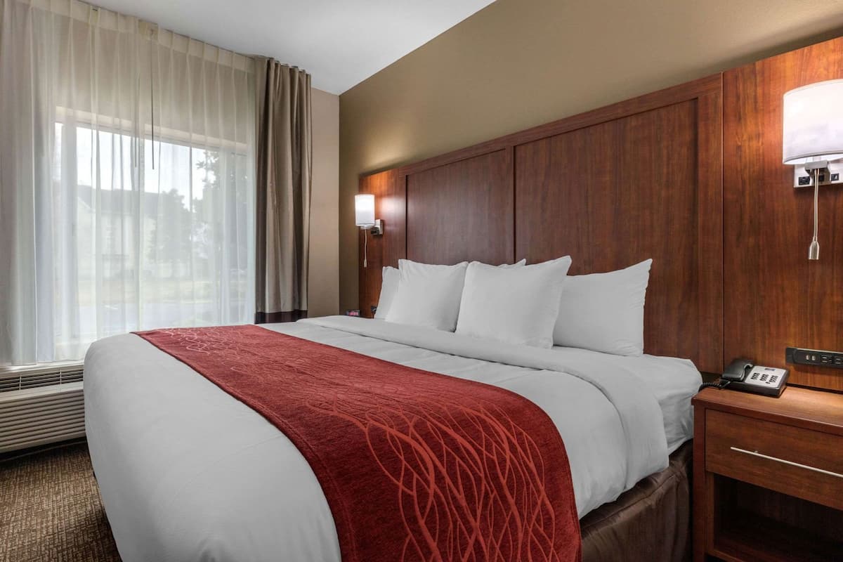 A hotel room with a large bed, a bedside telephone, a nightstand, and a window with curtains.