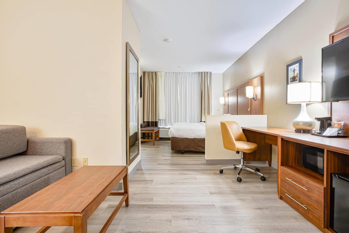A hotel room with a sofa, a wooden desk, a chair, a bed, a TV, and a lamp.