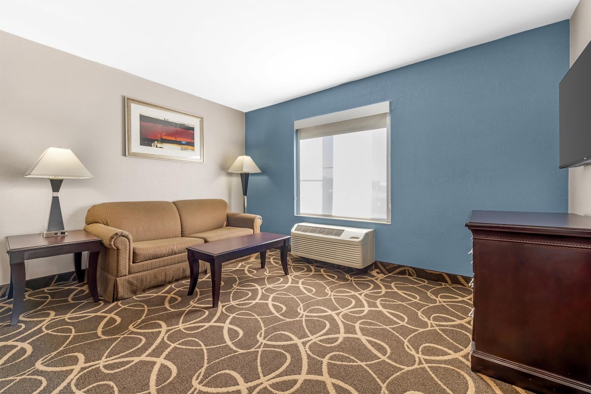 Una habitación de hotel con un sofá marrón, dos mesitas de noche con lámparas, una alfombra estampada, un ventanal grande y un aparador de madera oscura.