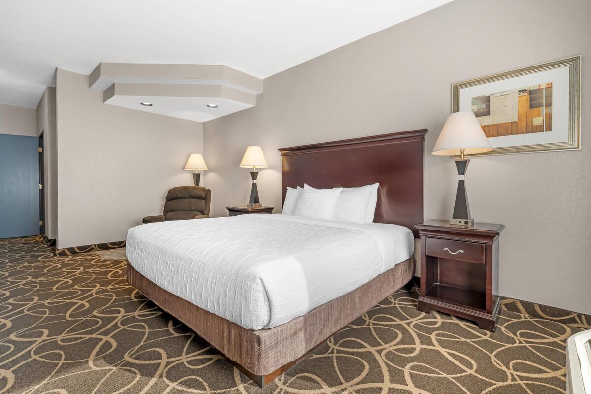 Habitación de hotel con una cama grande, dos mesitas de noche con lámparas, una silla y un cuadro en la pared.