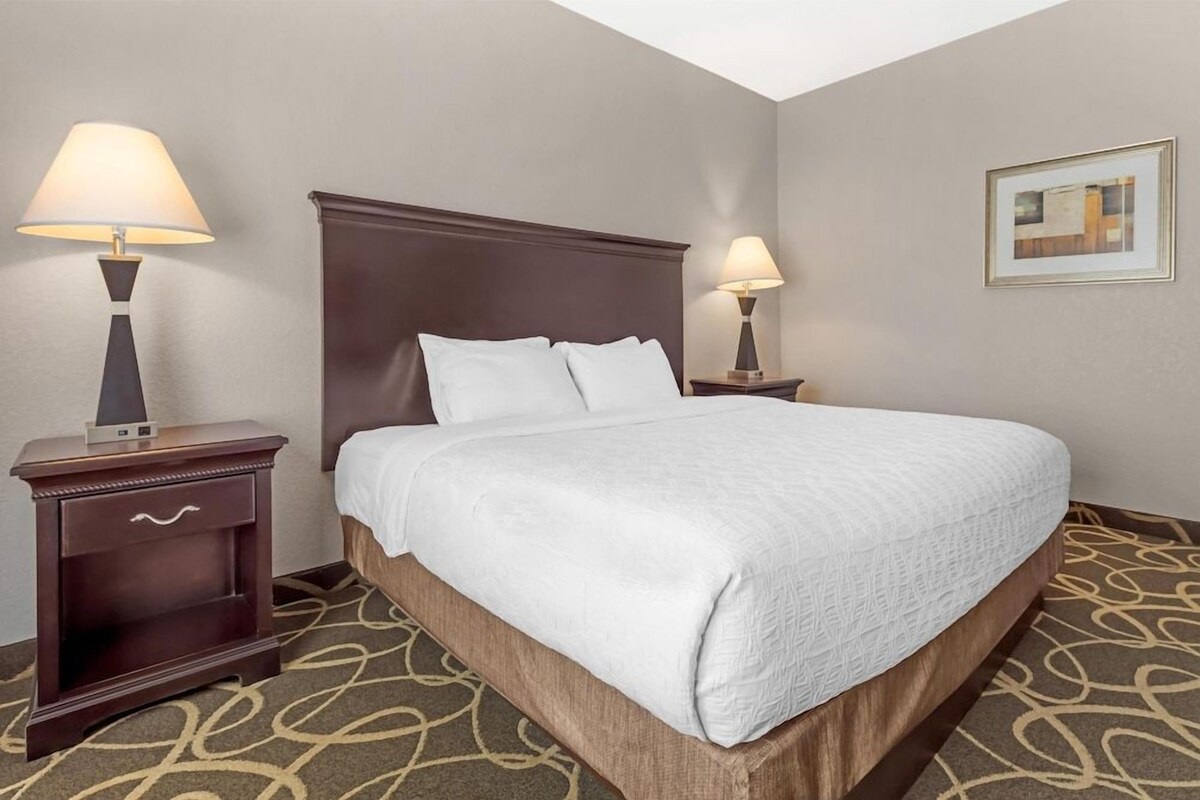 A hotel room with a large bed, two bedside tables with lamps, a small drawer, and a patterned carpet.