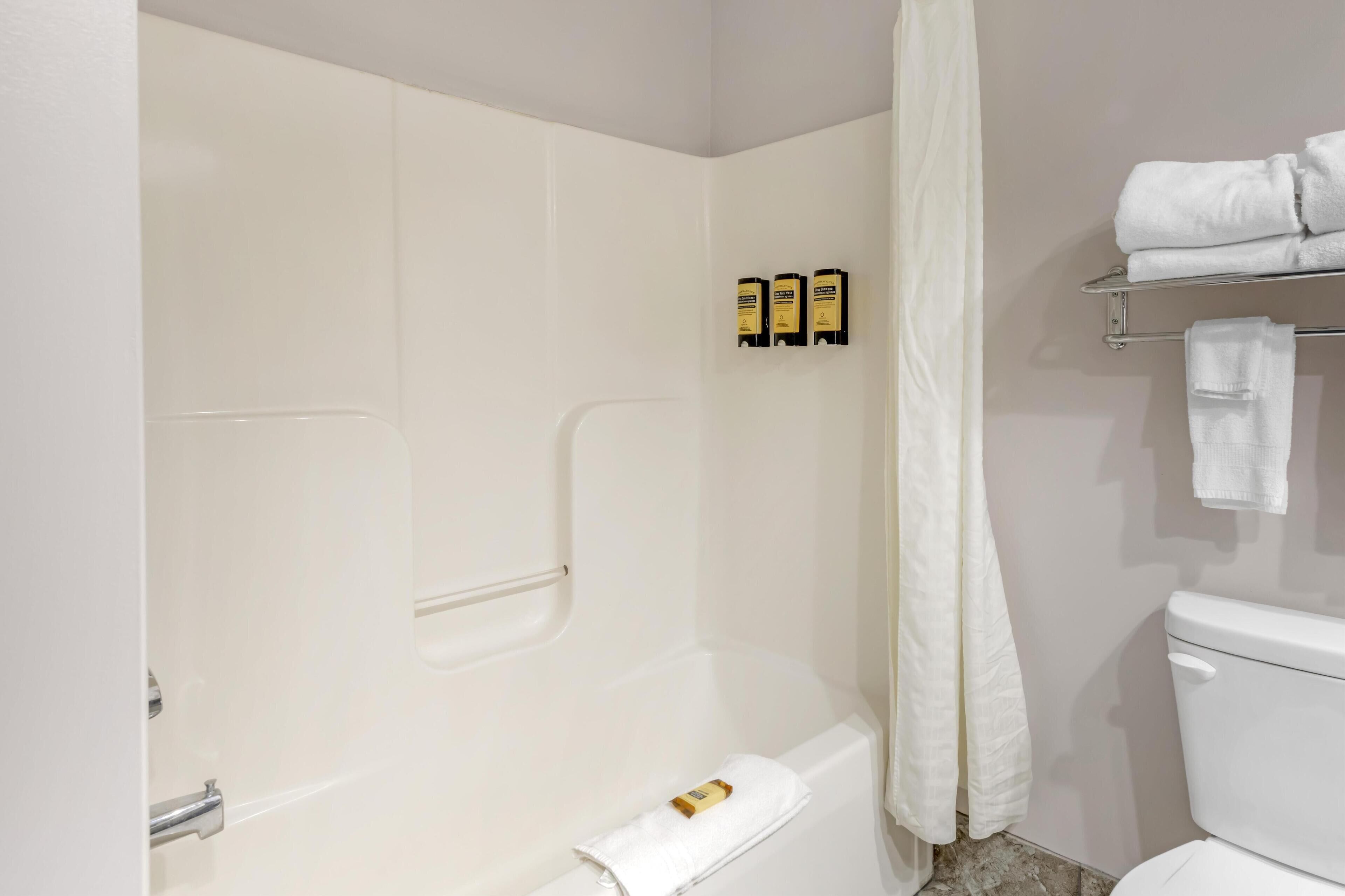Ein Badezimmer mit einer Badewanne, einer Toilette und einer Duschvorhang. Drei Toilettenartikel befinden sich an der Wand.