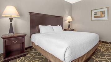 A hotel room with a large bed, two bedside tables with lamps, a carpeted floor, and a framed picture on the wall.