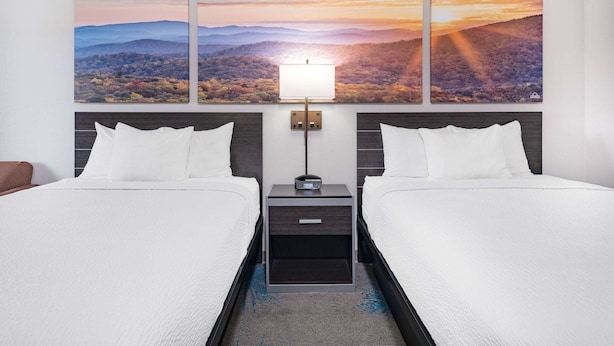 A hotel room with two beds, a nightstand with a lamp, and a large landscape painting above the beds. - Days Inn by Wyndham Hamilton (Hamilton)