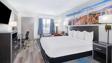 Habitación de hotel con una cama grande, un escritorio con silla, televisor y un cuadro de un paisaje montañoso.