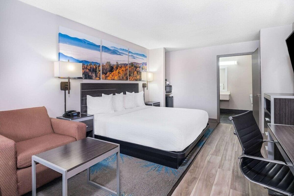 A hotel room with a bed, a sofa, a table, a chair, a TV, and a painting on the wall.