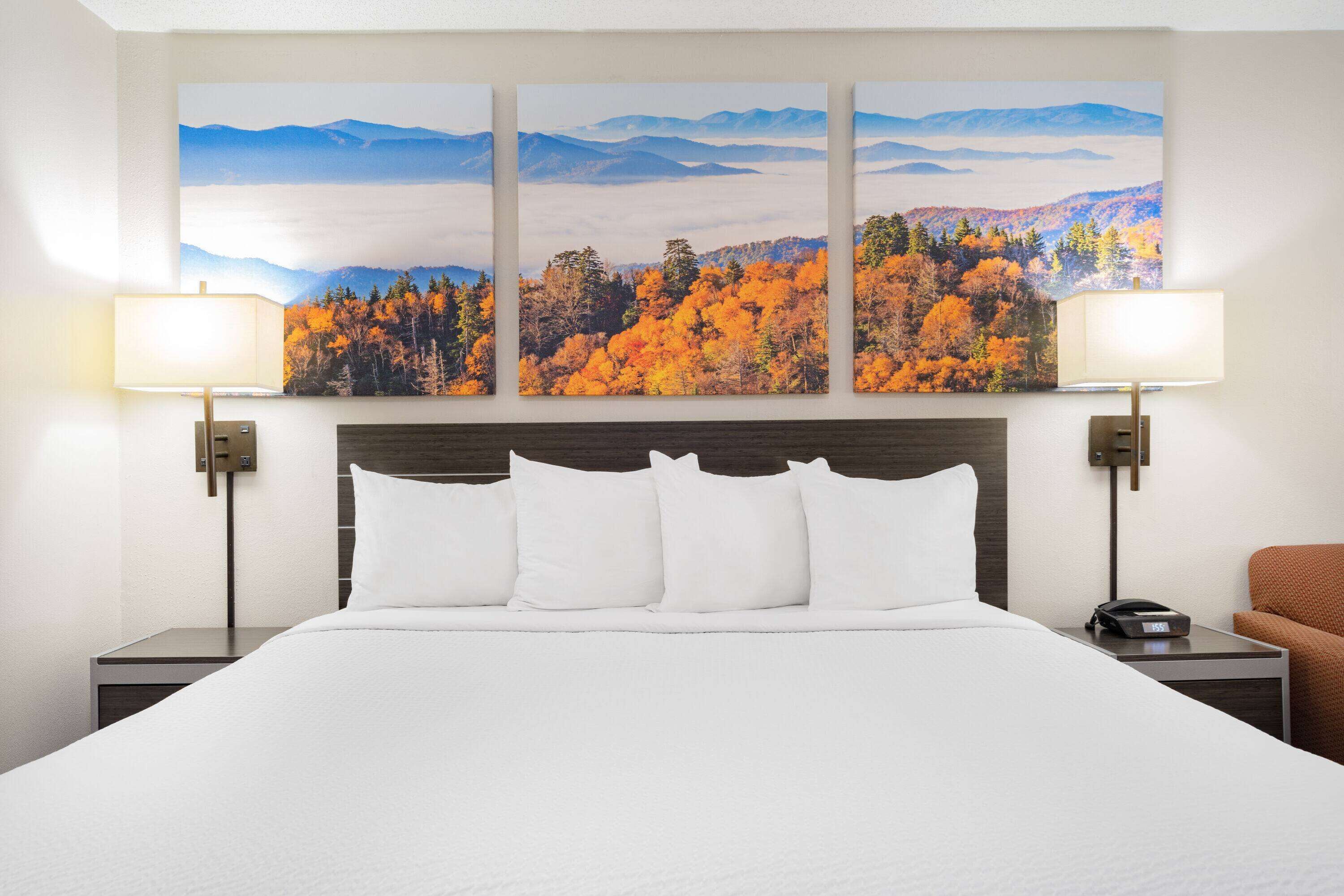 Una habitación de hotel con una cama grande, dos mesitas de noche y una lámpara fijada a la pared.