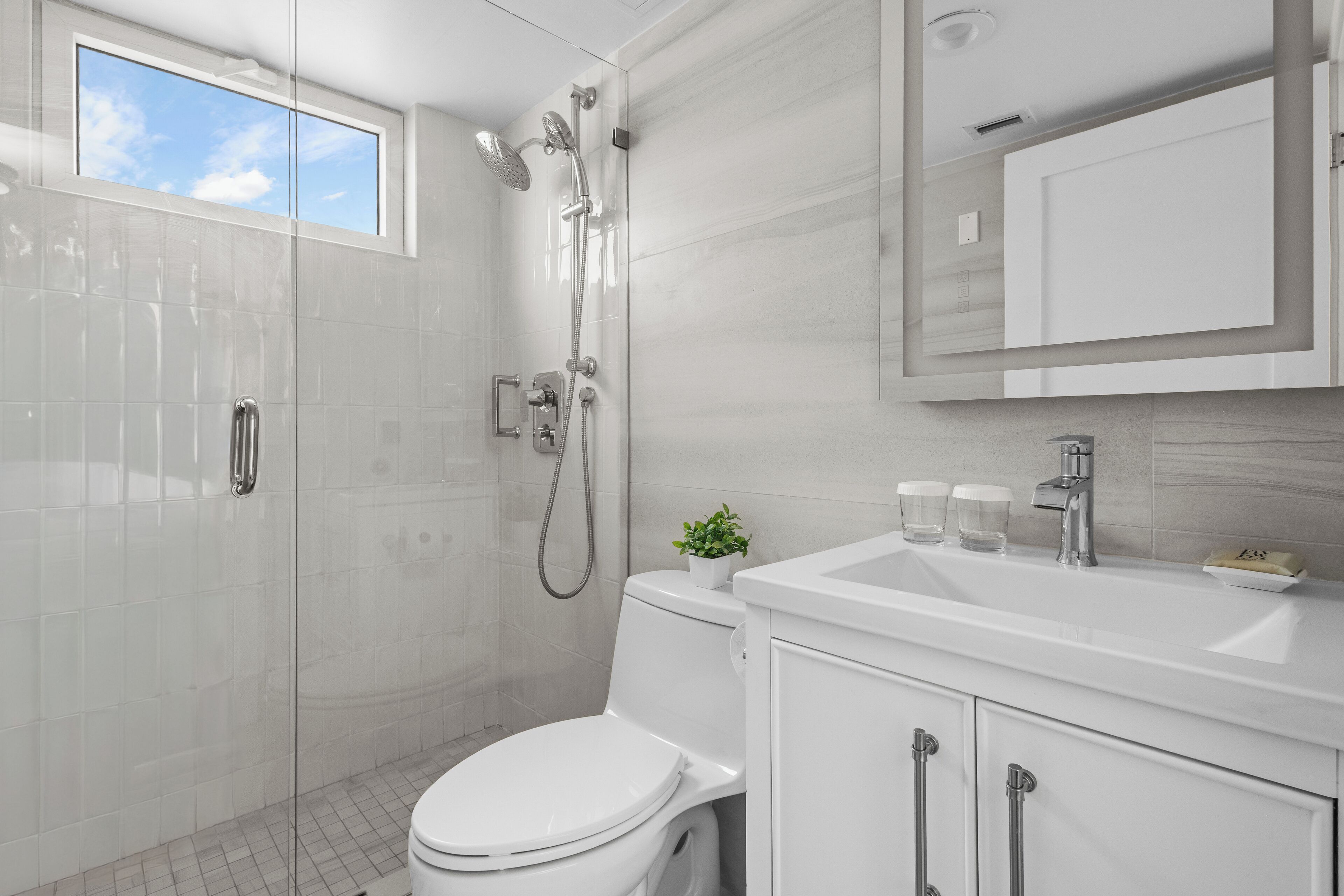 Een moderne badkamer met douche, toilet, wastafel en een kleine potplant.