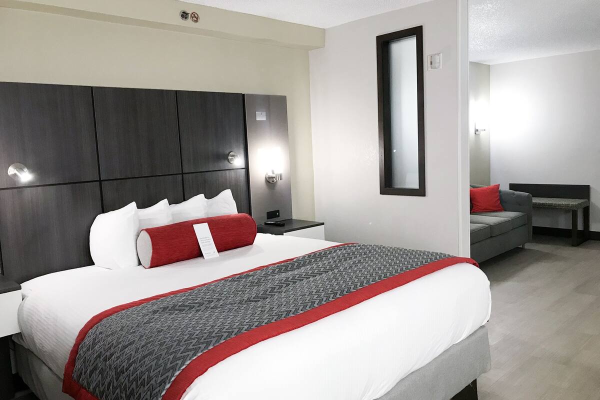 A modern hotel room with a large bed, a grey sofa, a small table, and a mirror.