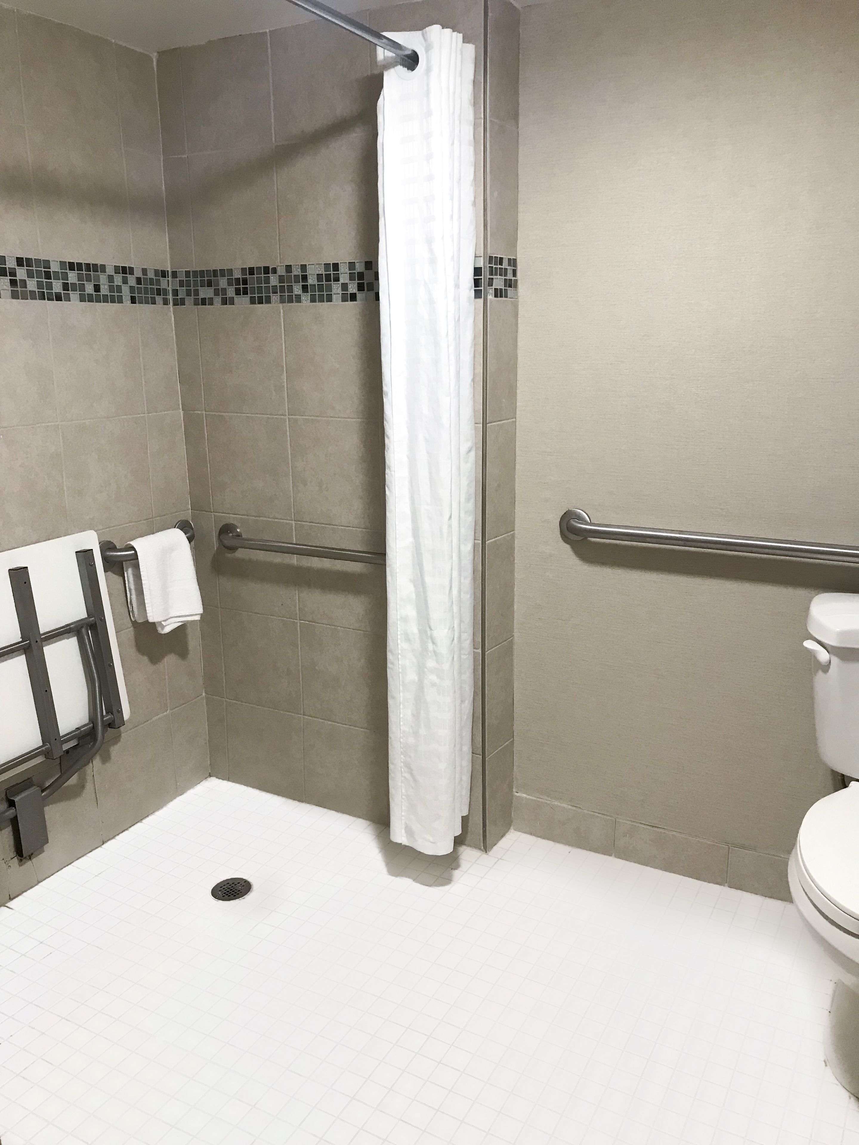 A bathroom with a shower, grab bars, a toilet, and a towel rack.