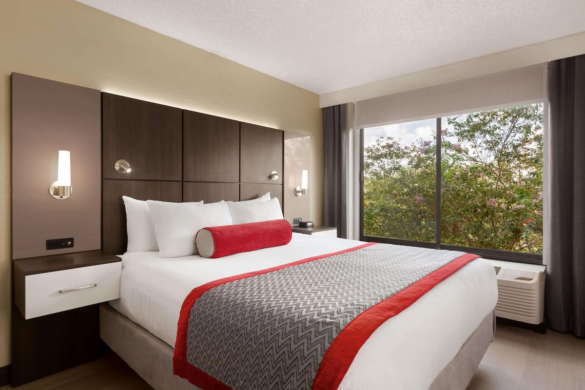 A modern hotel room with a large bed, a nightstand, a drawer, a wall-mounted light, and a window with a view of trees.