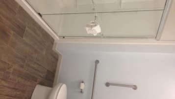 A bathroom with a glass shower enclosure, a toilet, and a handrail.