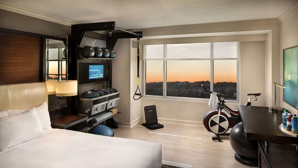 A hotel room with a bed, exercise equipment, a TV, and a large window with a sunset view. - DoubleTree by Hilton Atlanta Airport (Atlanta)