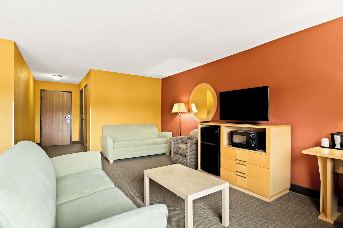Une chambre d’hôtel équipée d’un canapé, d’une petite table, d’une télévision, d’un four à micro-ondes, d’une lampe et d’un bureau.
