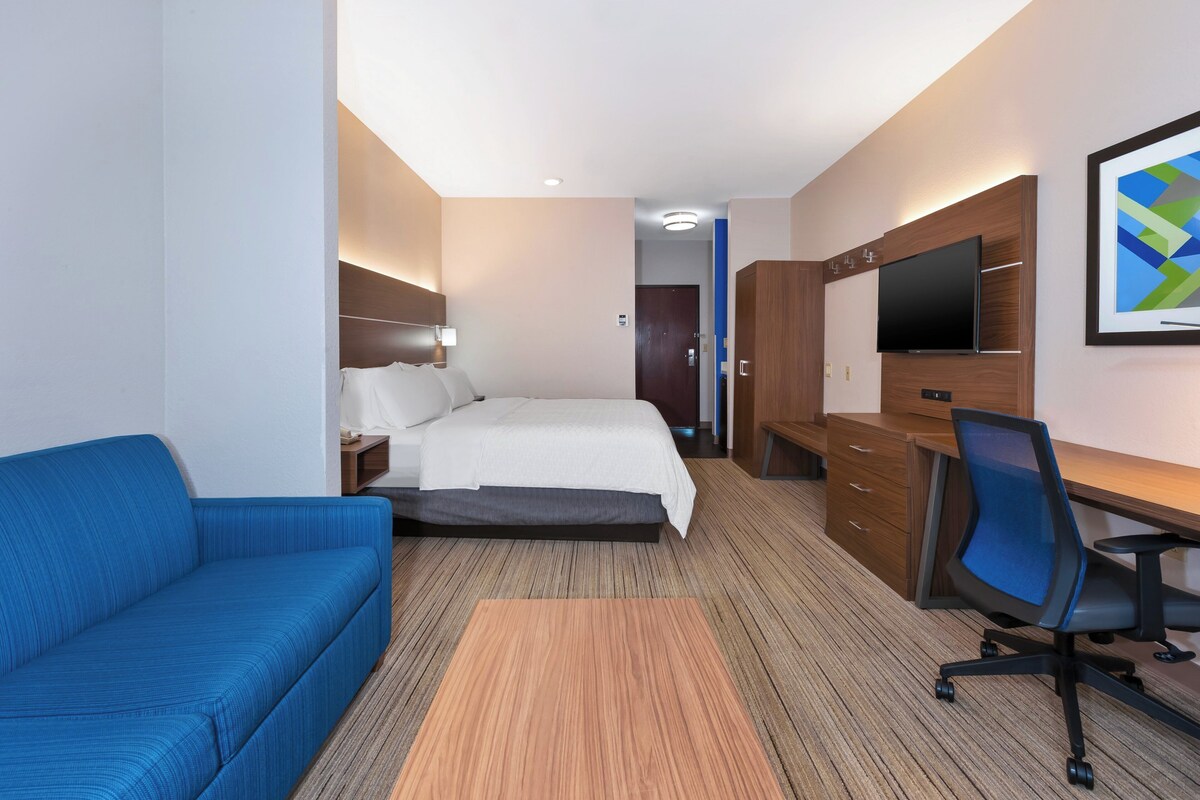 Habitación de hotel con cama, escritorio, silla, sofá y televisión.