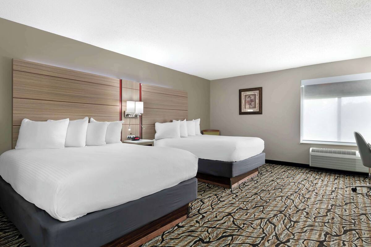 Ein Hotelzimmer mit zwei Betten, einem großen Fenster, einem gemusterten Teppich und einem Wandheizkörper.