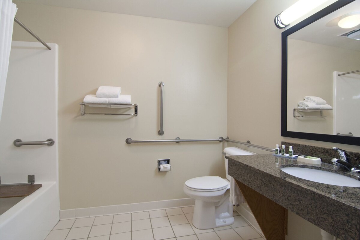 A bathroom with a toilet, sink, mirror, towel rack, grab bars, and a shower area.