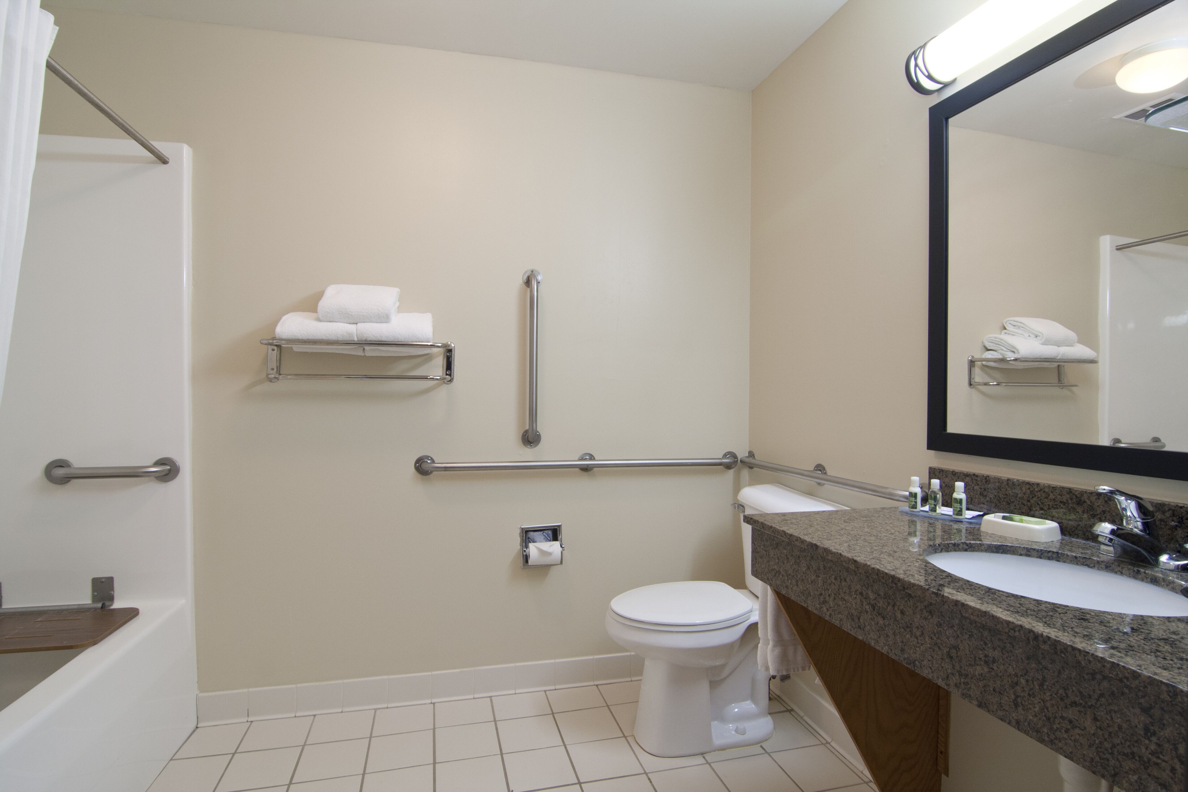 A bathroom with a toilet, sink, and shower. There are grab bars, a towel rack, and a mirror.