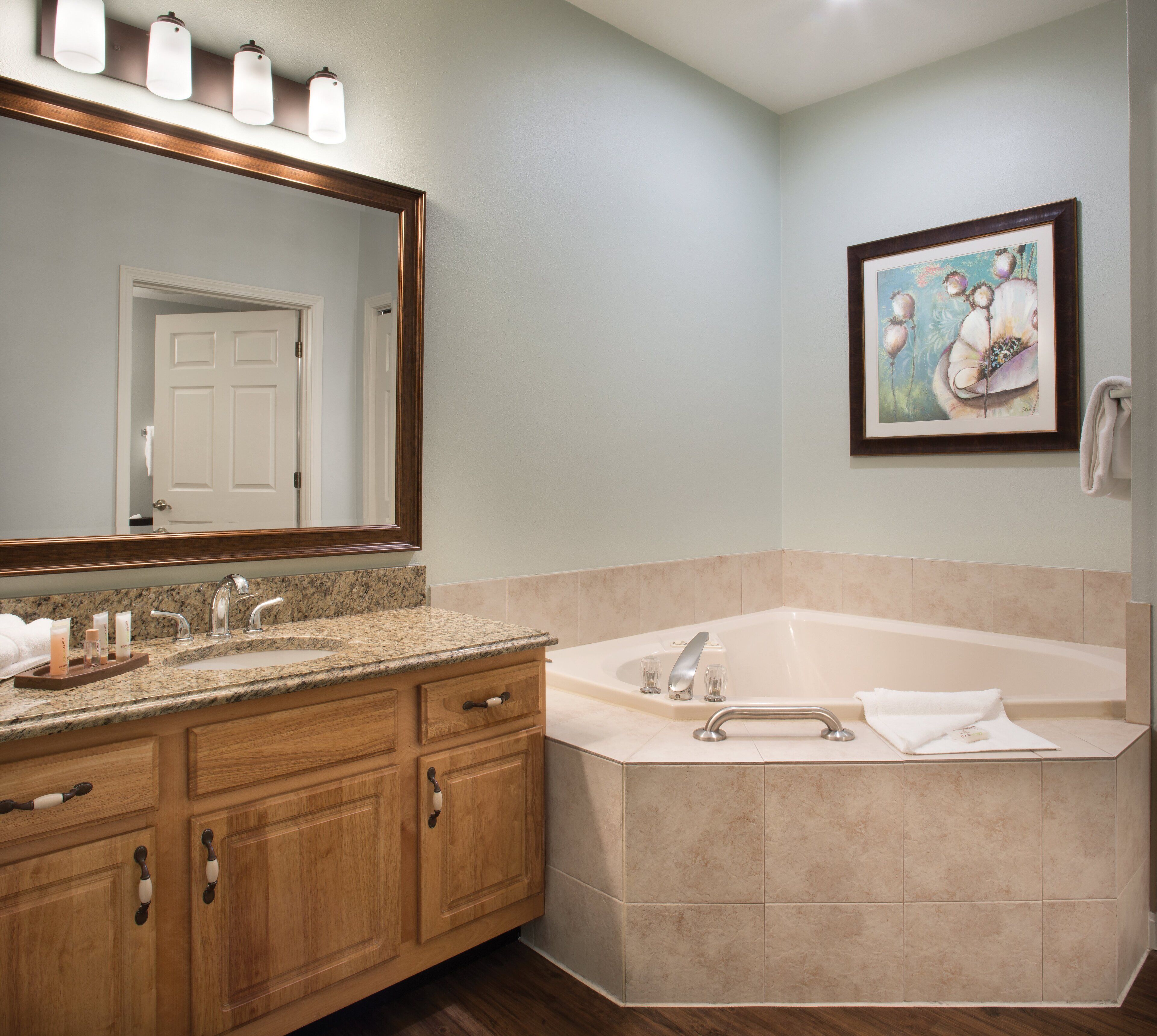 combined shower/bathtub, hair dryer, towels