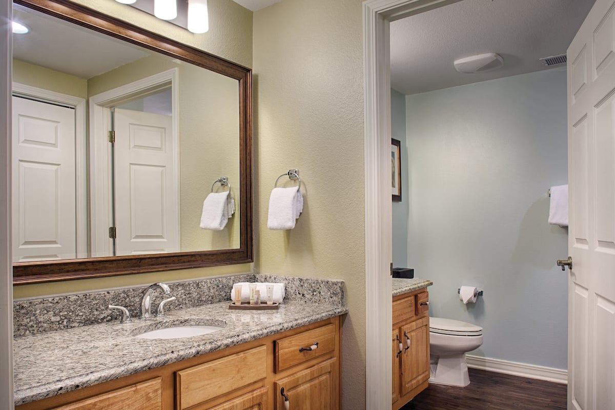 combined shower/bathtub, hair dryer, towels