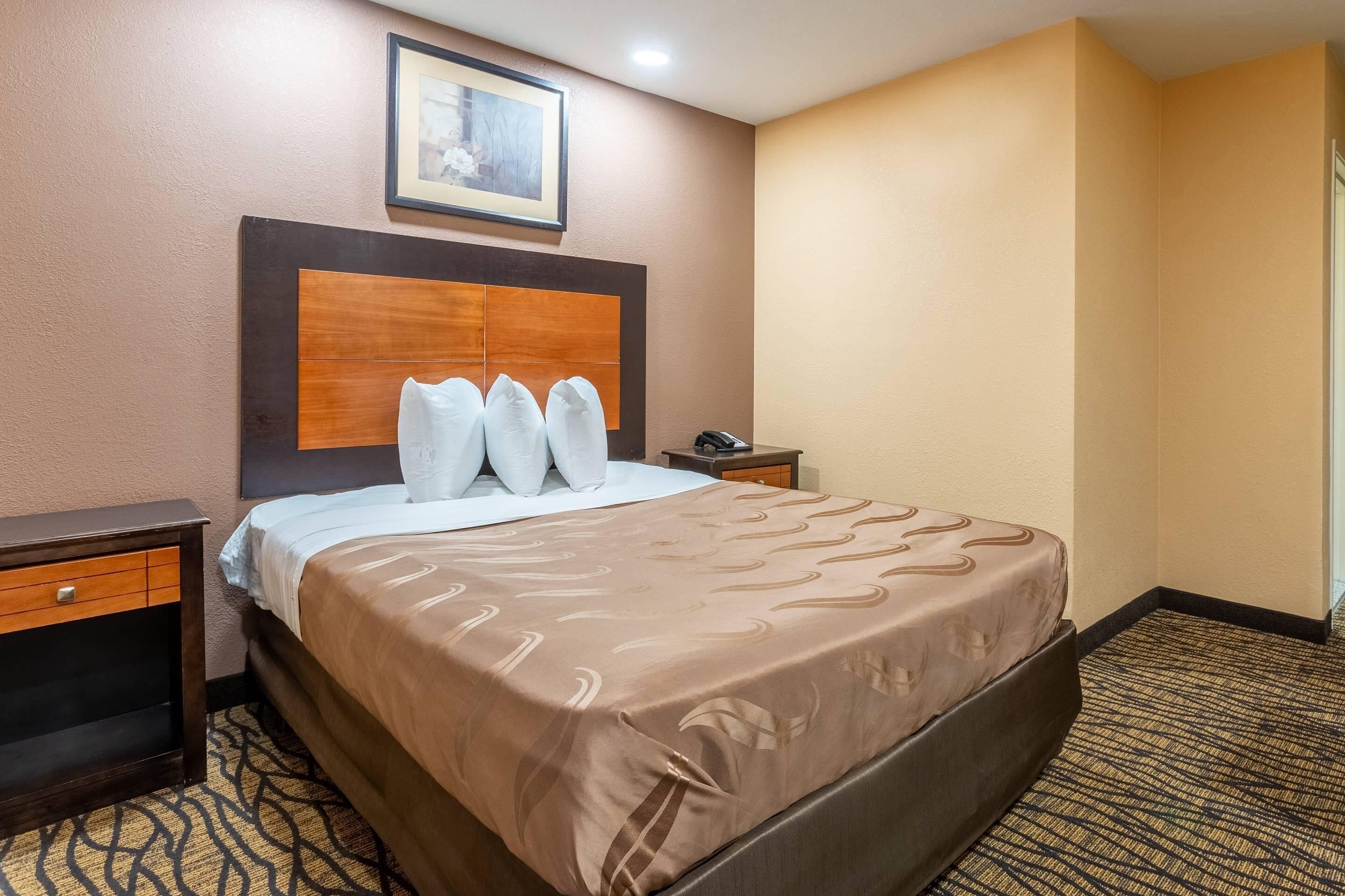 A hotel room with a wooden headboard, a bed with a patterned bedspread, a nightstand with a phone, and a framed picture on the wall.