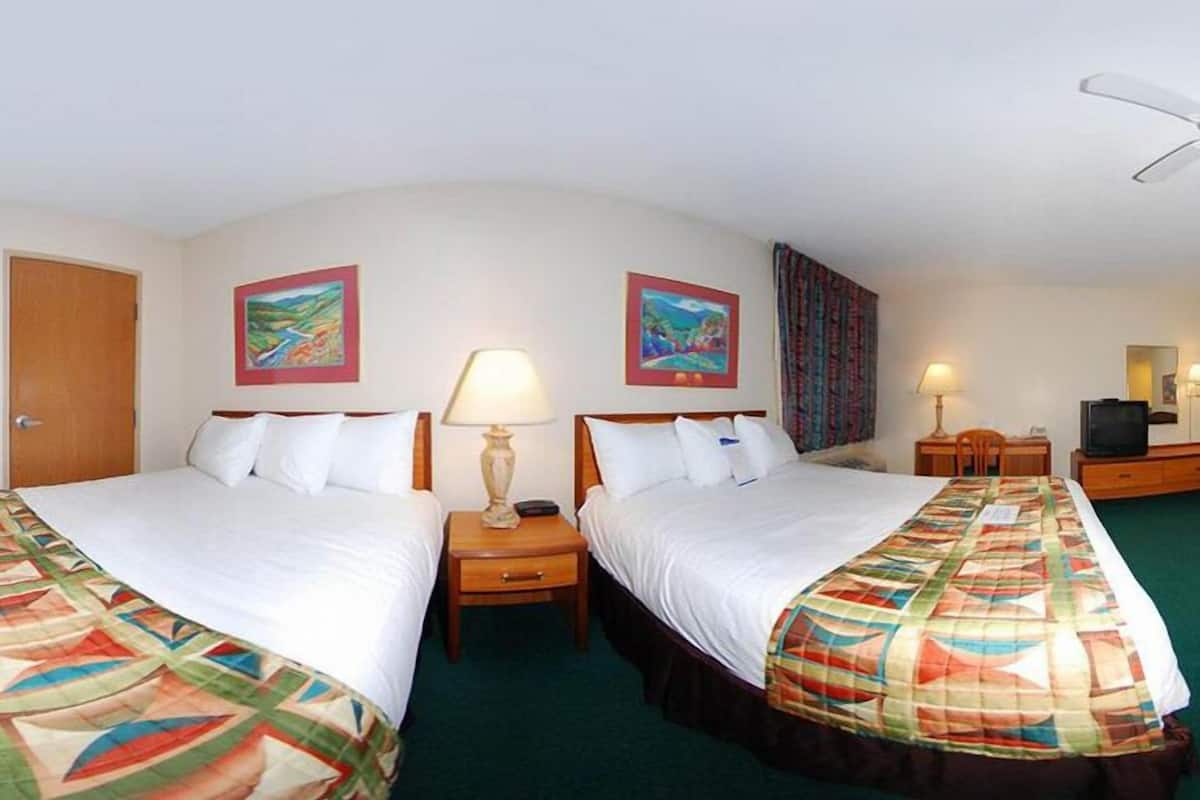 A hotel room with two beds, each with a colorful bedspread, a nightstand with a lamp, a television, and artwork on the walls.