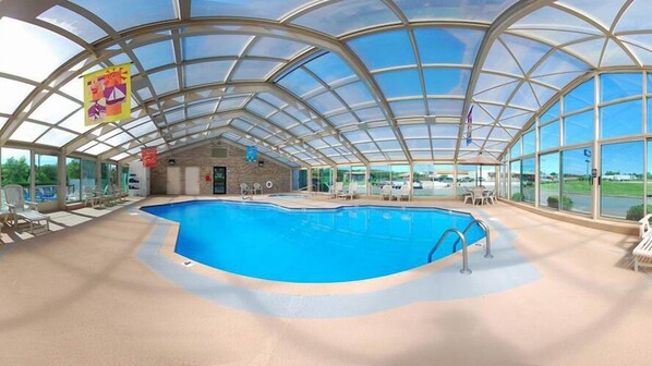 Indoor pool, open 8 AM to 11 PM, pool loungers