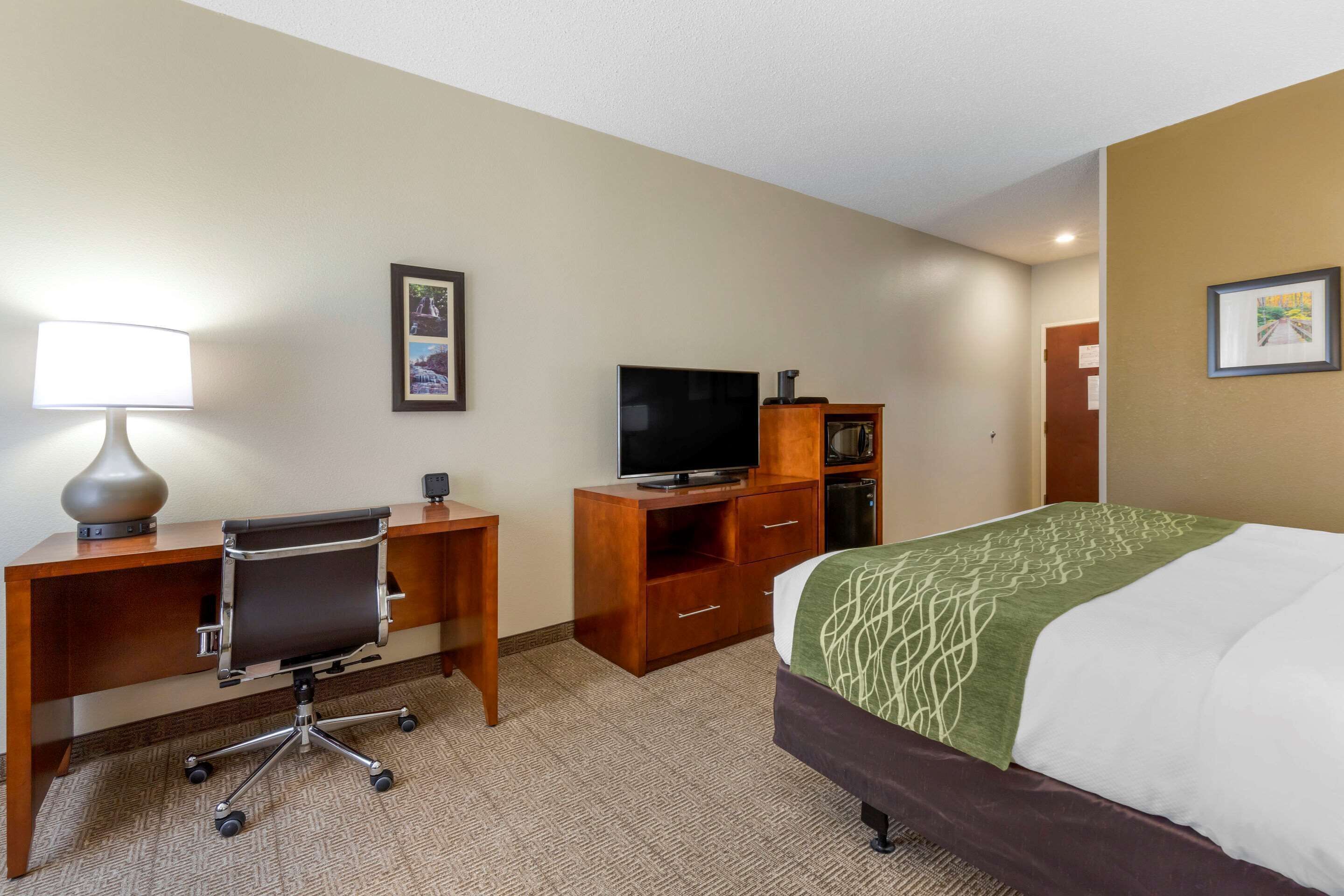 A hotel room with a bed, a desk with a chair, a television, and a microwave.