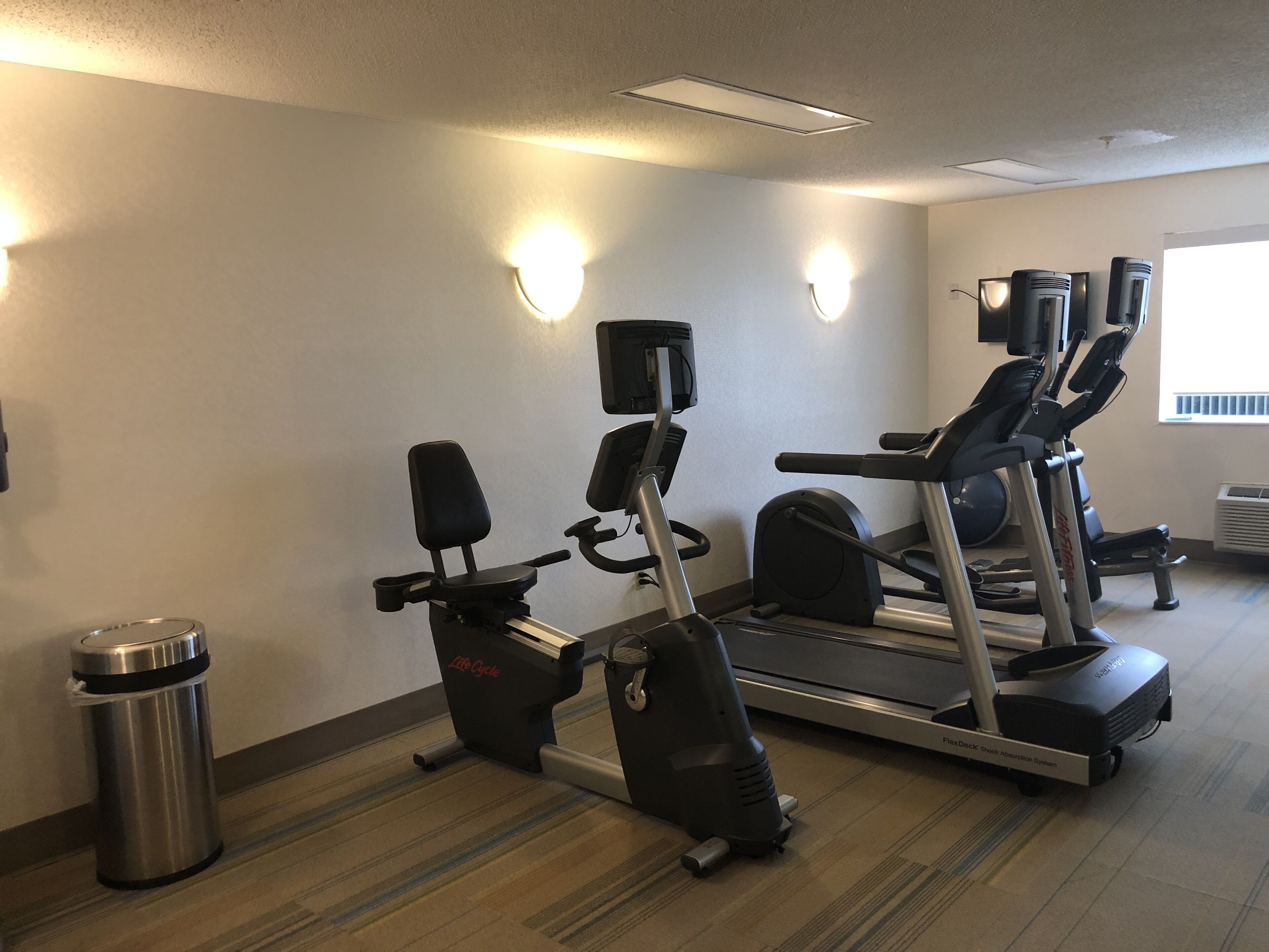 A gym with treadmills, a stationary bike, and a weight bench.