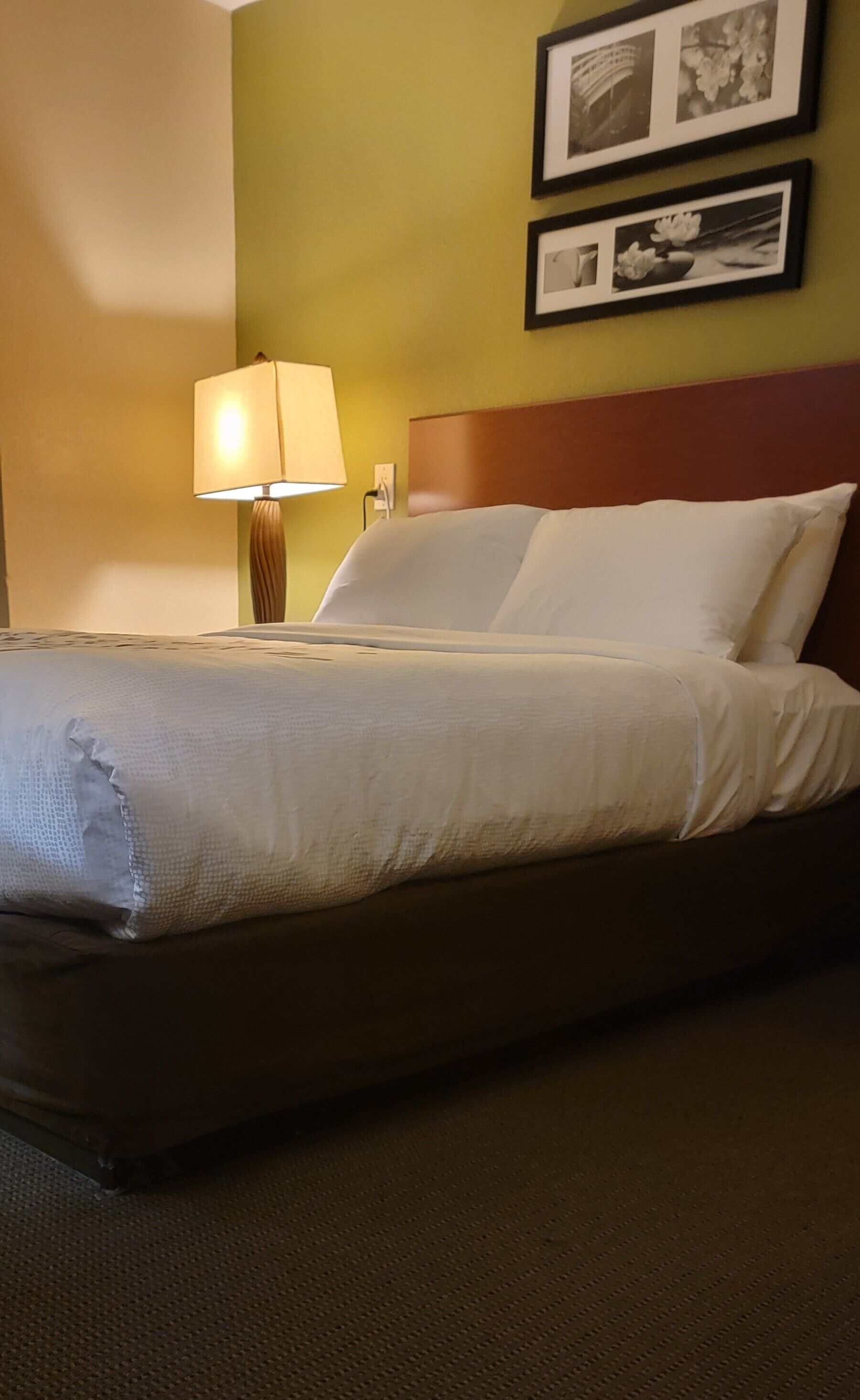 Una habitación de hotel con una cama, una lámpara y dos cuadros en la pared.