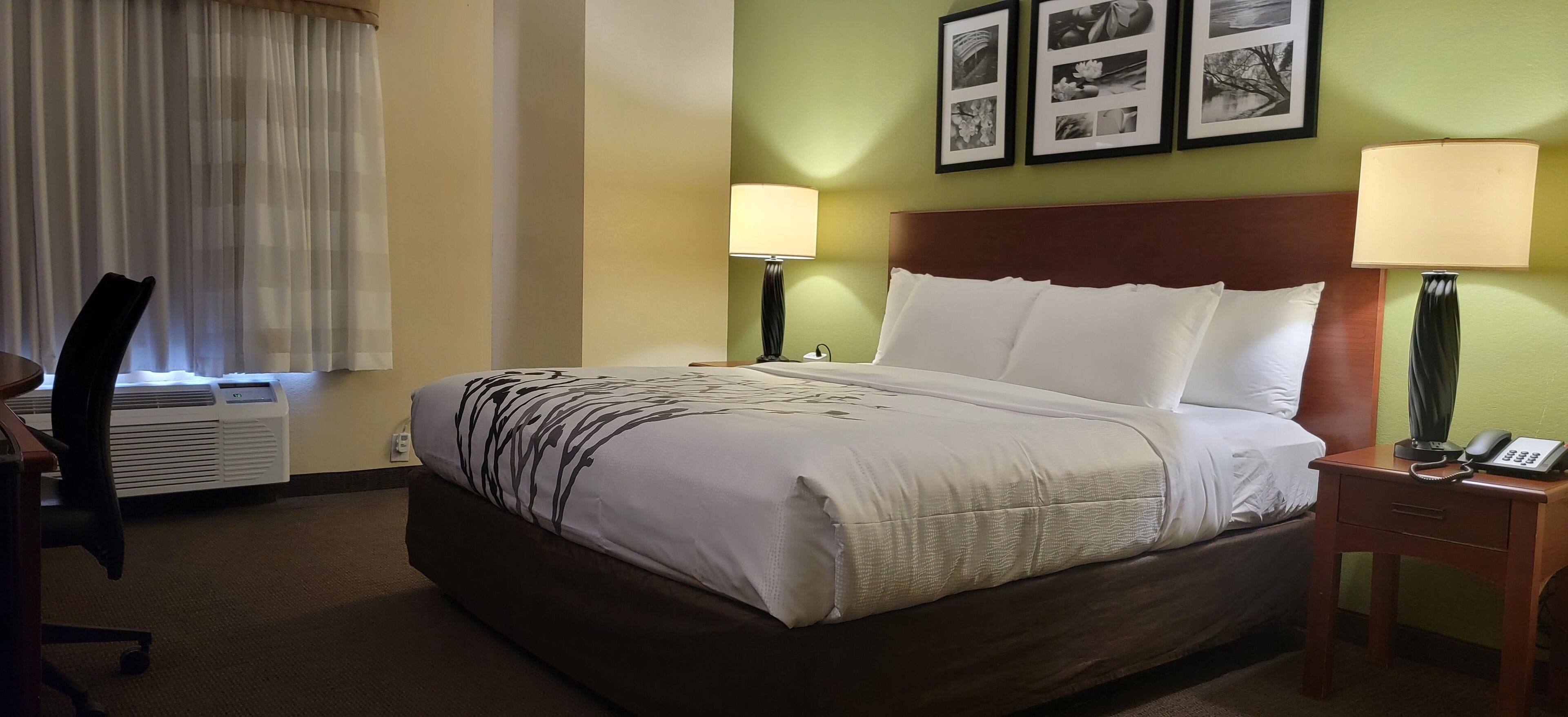 A hotel room with a bed, two bedside lamps, a nightstand with a phone, and a chair.