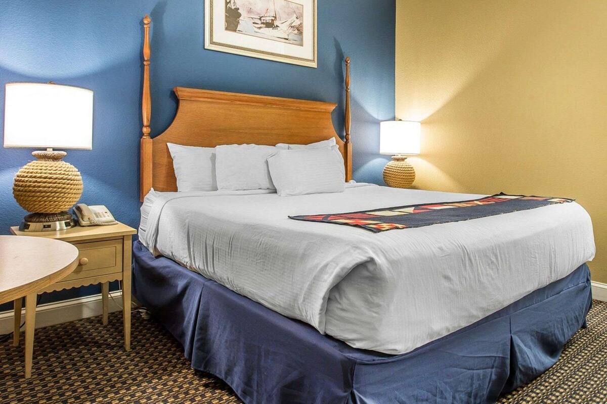 Une chambre d’hôtel avec un grand lit, deux tables de chevet, un tableau accroché au mur et un tapis à motifs.