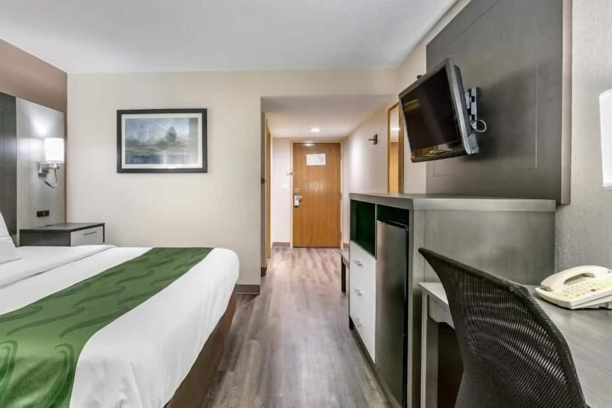 A hotel room with a bed, a desk, a television, a phone, and a painting on the wall.