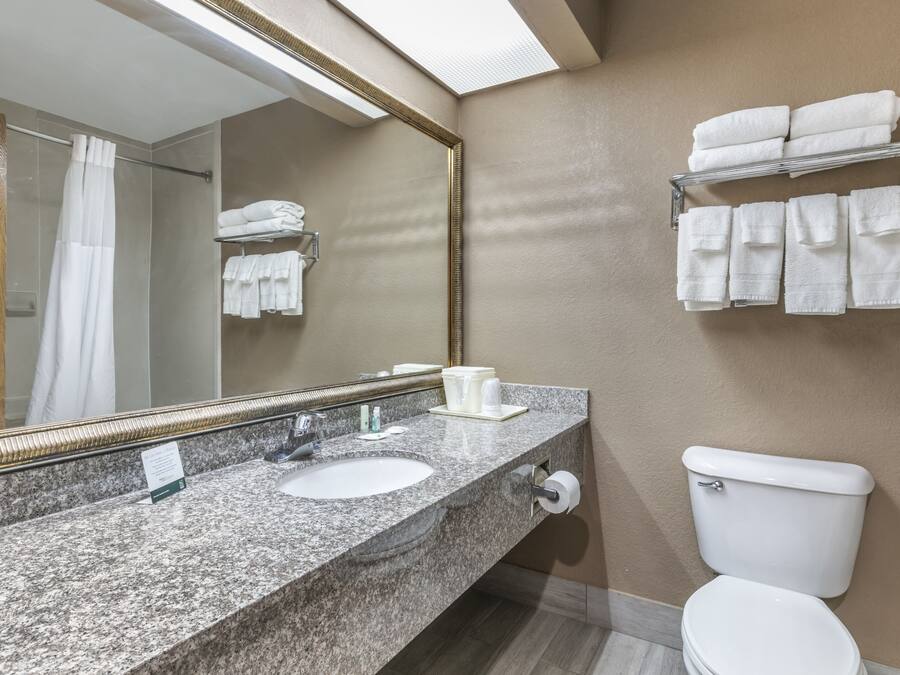 Ein Badezimmer mit einer Granit-Arbeitsplatte, zwei Waschbecken, einer Toilette, einem Handtuchhalter und einem Spiegel.