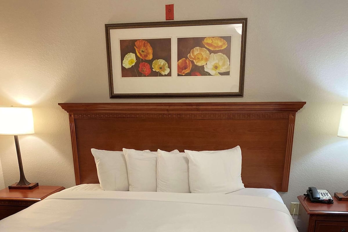 A hotel room with a large bed, a wooden headboard, white bedding, a framed picture above the bed, a bedside lamp, and a telephone on a wooden nightstand.