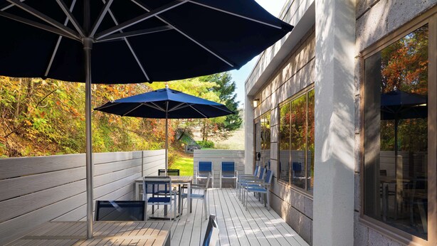 A covered outdoor patio with wooden flooring, blue chairs, and umbrellas. - Hampton Inn Roanoke/Hollins - I-81 (Roanoke)