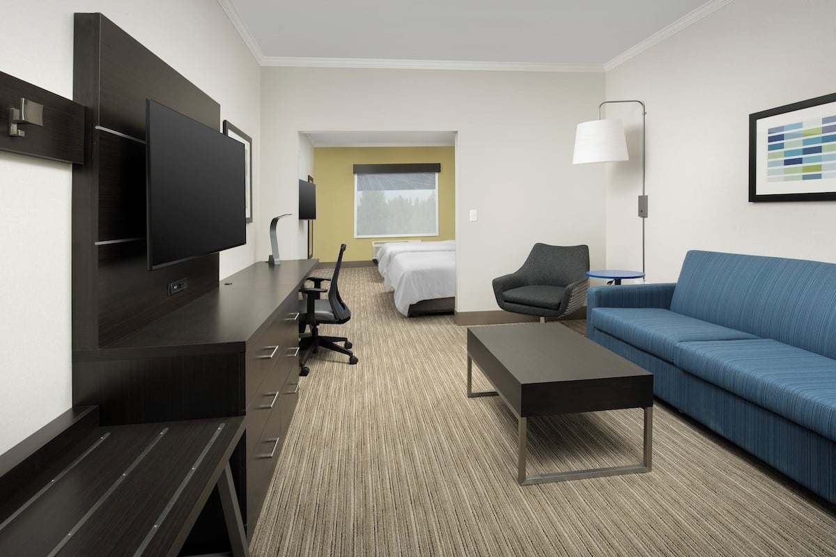 A hotel room with a flat-screen TV, a desk with a chair, a blue sofa, a bed, and a window with a view of trees.
