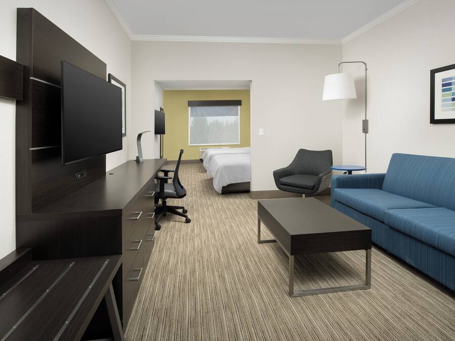 A hotel room with a flat-screen TV, a desk with a chair, a blue sofa, a bed, and a window with a view of trees.